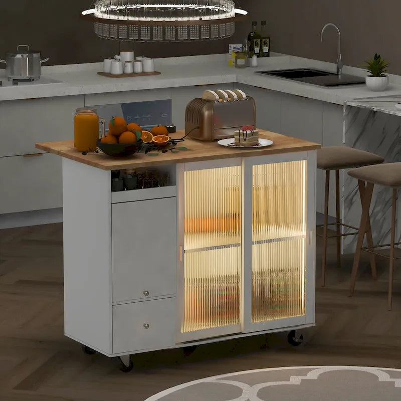 Desserte de cuisine en bois d'hévéa avec abattant, étagère de rangement interne, porte d'armoire basculante et 2 tiroirs