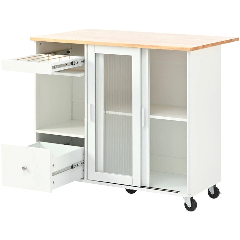 Desserte de cuisine en bois d'hévéa avec abattant, étagère de rangement interne, porte d'armoire basculante et 2 tiroirs