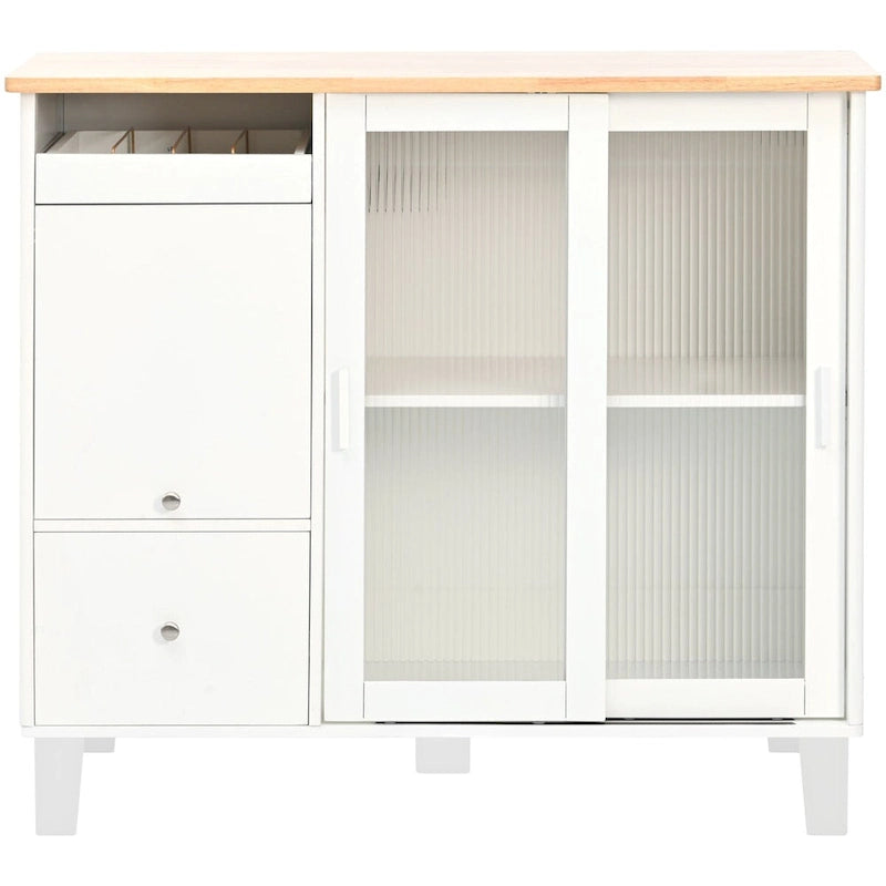 Desserte de cuisine en bois d'hévéa avec abattant, étagère de rangement interne, porte d'armoire basculante et 2 tiroirs