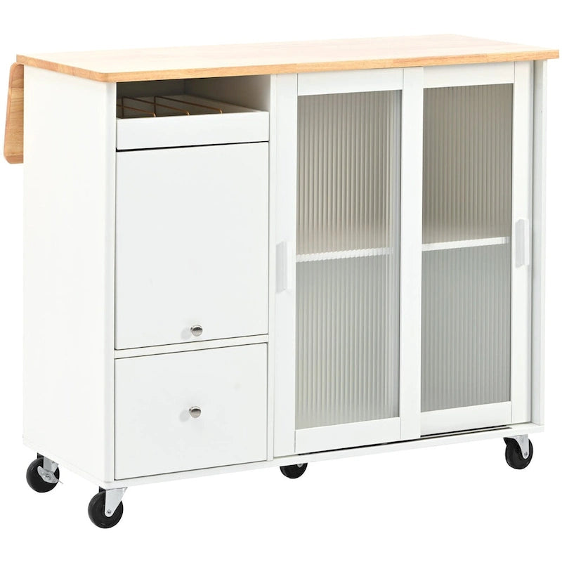 Desserte de cuisine en bois d'hévéa avec abattant, étagère de rangement interne, porte d'armoire basculante et 2 tiroirs