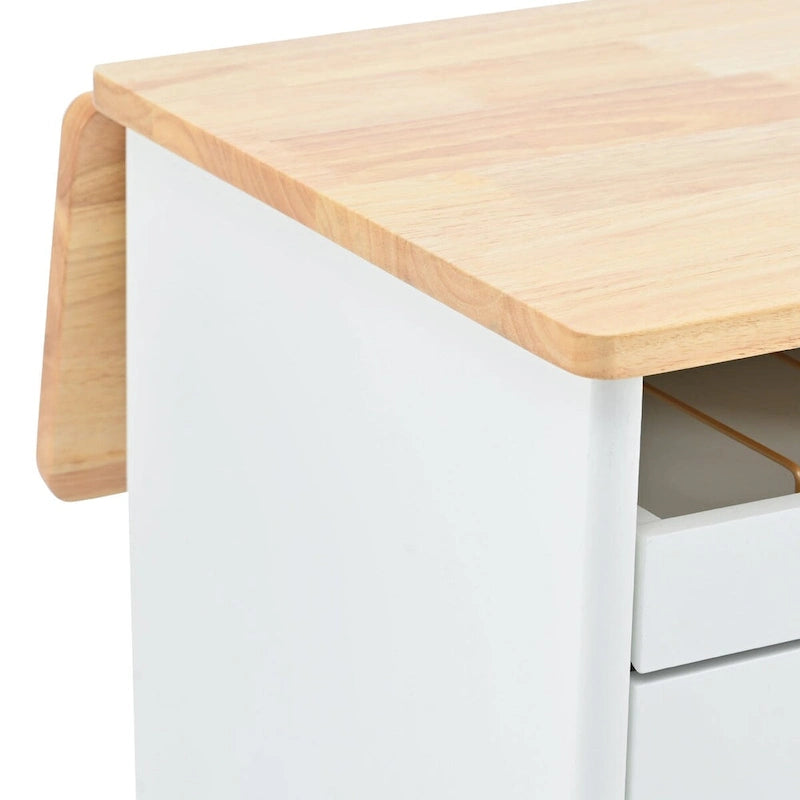 Desserte de cuisine en bois d'hévéa avec abattant, étagère de rangement interne, porte d'armoire basculante et 2 tiroirs