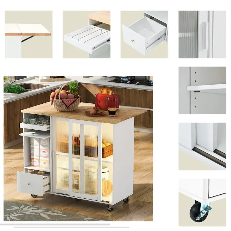 Desserte de cuisine en bois d'hévéa avec abattant, étagère de rangement interne, porte d'armoire basculante et 2 tiroirs