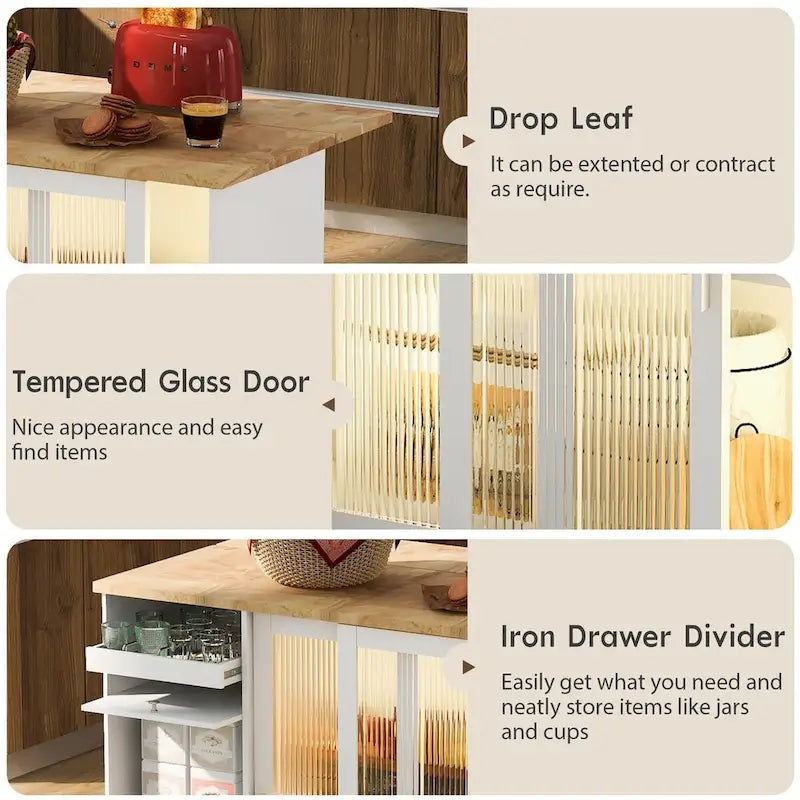 Desserte de cuisine en bois d'hévéa avec abattant, étagère de rangement interne, porte d'armoire basculante et 2 tiroirs