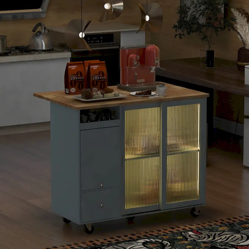 Desserte de cuisine en bois d'hévéa avec abattant, étagère de rangement interne, porte d'armoire basculante et 2 tiroirs