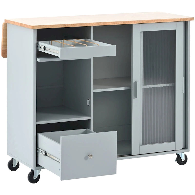 Desserte de cuisine en bois d'hévéa avec abattant, étagère de rangement interne, porte d'armoire basculante et 2 tiroirs