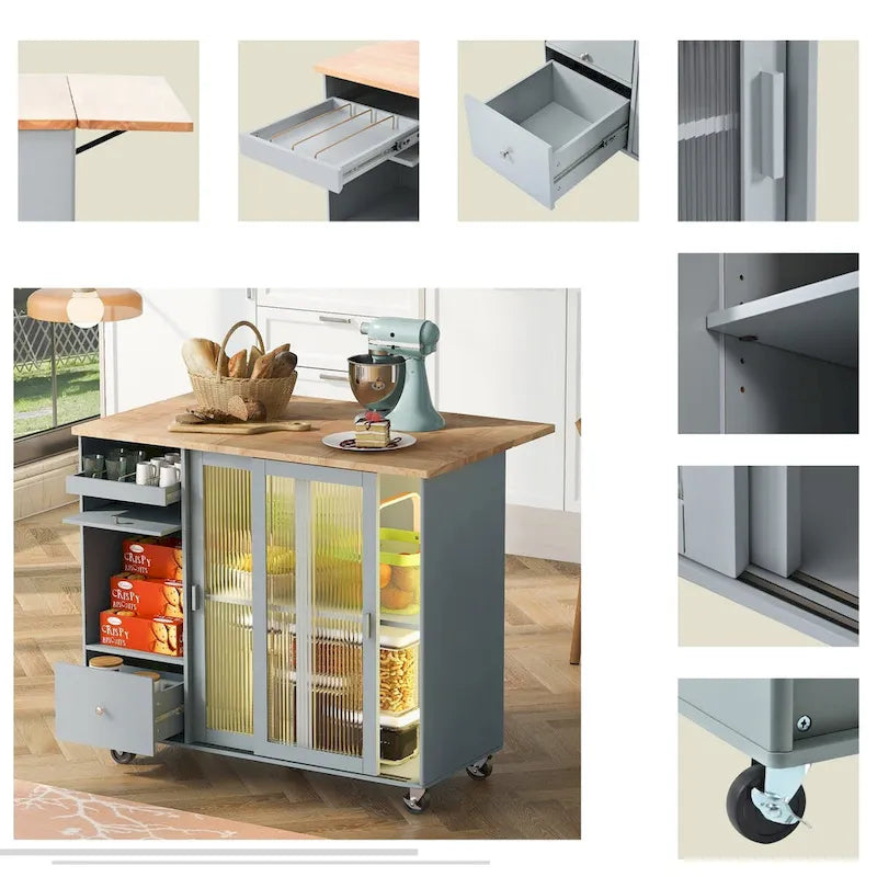 Desserte de cuisine en bois d'hévéa avec abattant, étagère de rangement interne, porte d'armoire basculante et 2 tiroirs