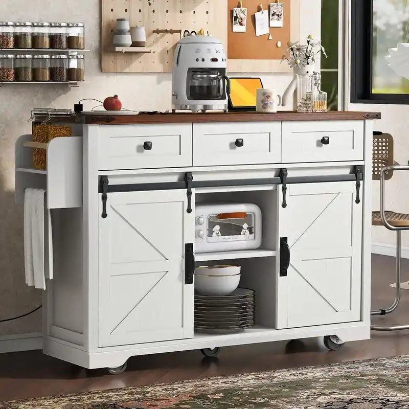 Farmhouse Kitchen Island with Power Outlet, Rolling Kitchen Cart with Drop Leaf