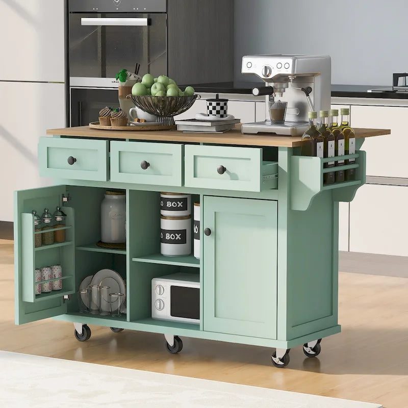 Desserte de cuisine avec plateau rabattable en bois d'hévéa, îlot de cuisine sur 5 roulettes avec armoire de rangement et 3 tiroirs