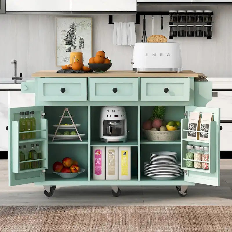 Desserte de cuisine avec plateau rabattable en bois d'hévéa, îlot de cuisine sur 5 roulettes avec armoire de rangement et 3 tiroirs