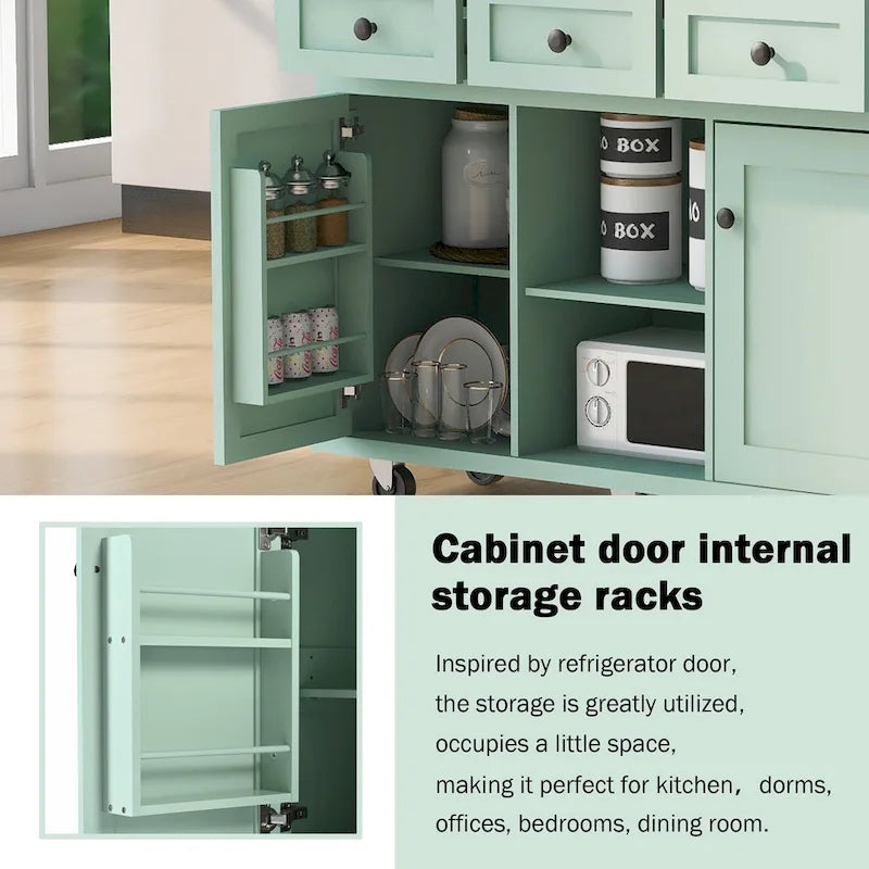 Desserte de cuisine avec plateau rabattable en bois d'hévéa, îlot de cuisine sur 5 roulettes avec armoire de rangement et 3 tiroirs