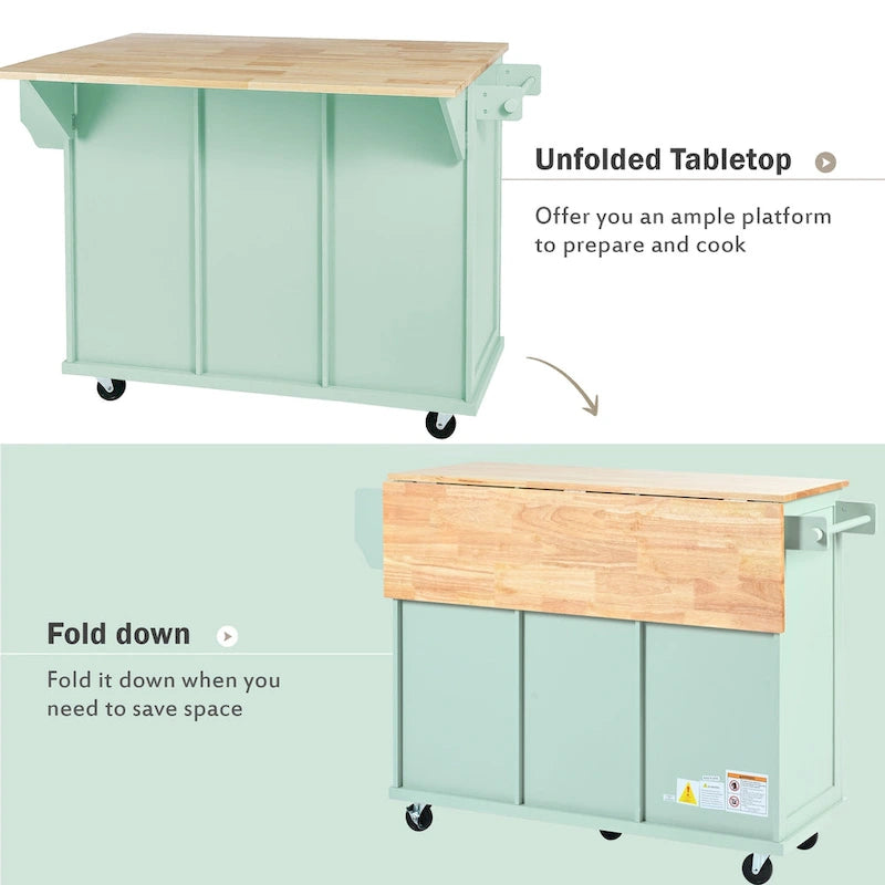 Desserte de cuisine avec plateau rabattable en bois d'hévéa, îlot de cuisine sur 5 roulettes avec armoire de rangement et 3 tiroirs