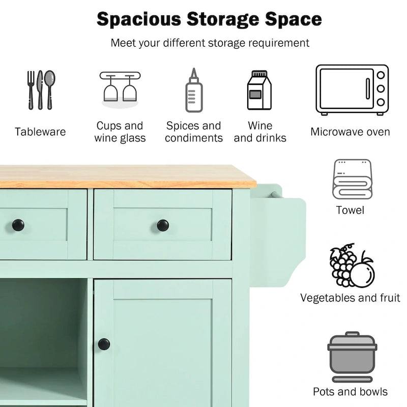 Desserte de cuisine avec plateau rabattable en bois d'hévéa, îlot de cuisine sur 5 roulettes avec armoire de rangement et 3 tiroirs