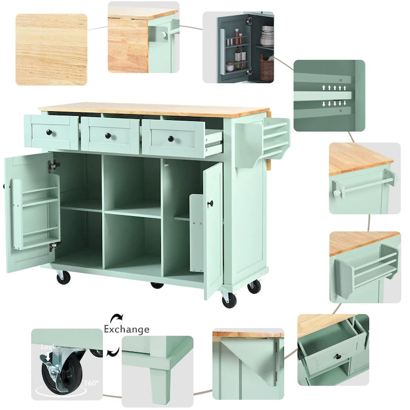 Desserte de cuisine avec plateau rabattable en bois d'hévéa, îlot de cuisine sur 5 roulettes avec armoire de rangement et 3 tiroirs