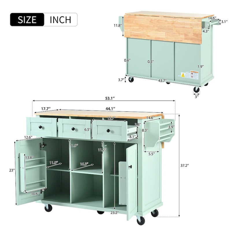 Desserte de cuisine avec plateau rabattable en bois d'hévéa, îlot de cuisine sur 5 roulettes avec armoire de rangement et 3 tiroirs