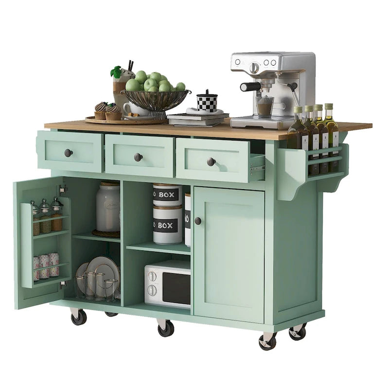 Desserte de cuisine avec plateau rabattable en bois d'hévéa, îlot de cuisine sur 5 roulettes avec armoire de rangement et 3 tiroirs