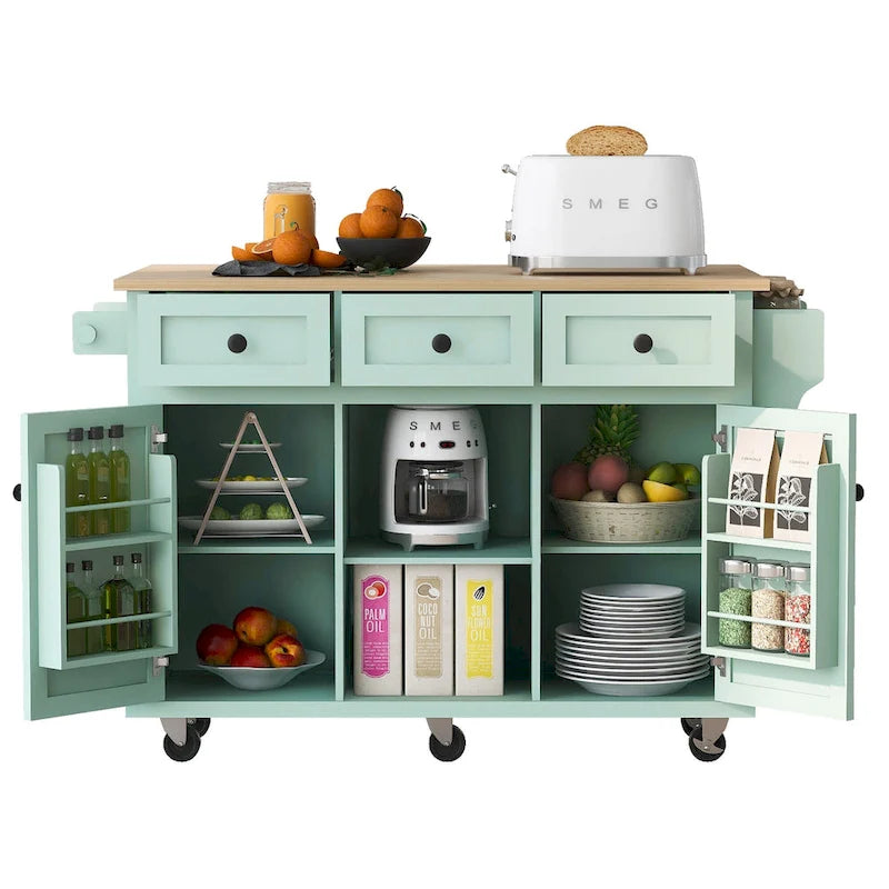 Desserte de cuisine avec plateau rabattable en bois d'hévéa, îlot de cuisine sur 5 roulettes avec armoire de rangement et 3 tiroirs