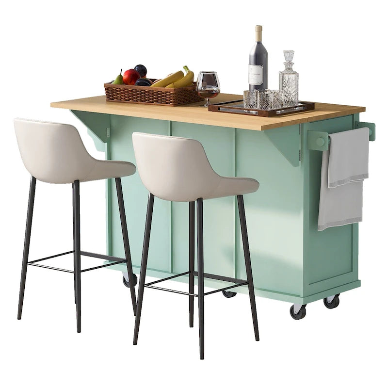 Desserte de cuisine avec plateau rabattable en bois d'hévéa, îlot de cuisine sur 5 roulettes avec armoire de rangement et 3 tiroirs