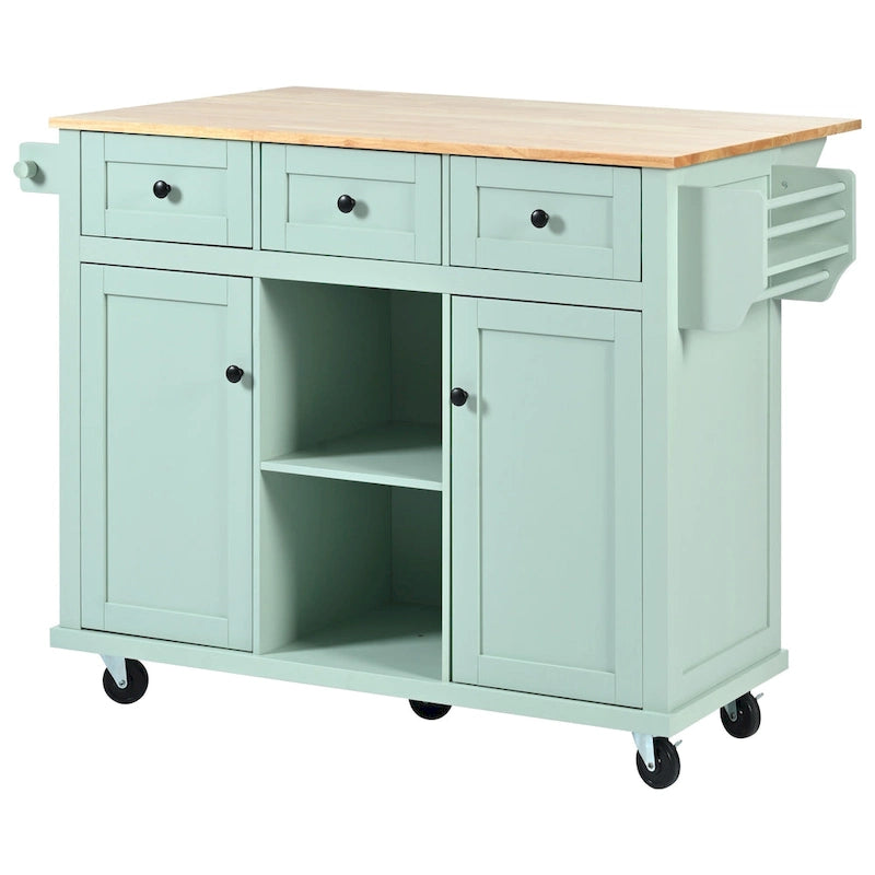 Desserte de cuisine avec plateau rabattable en bois d'hévéa, îlot de cuisine sur 5 roulettes avec armoire de rangement et 3 tiroirs