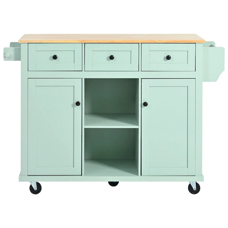 Desserte de cuisine avec plateau rabattable en bois d'hévéa, îlot de cuisine sur 5 roulettes avec armoire de rangement et 3 tiroirs