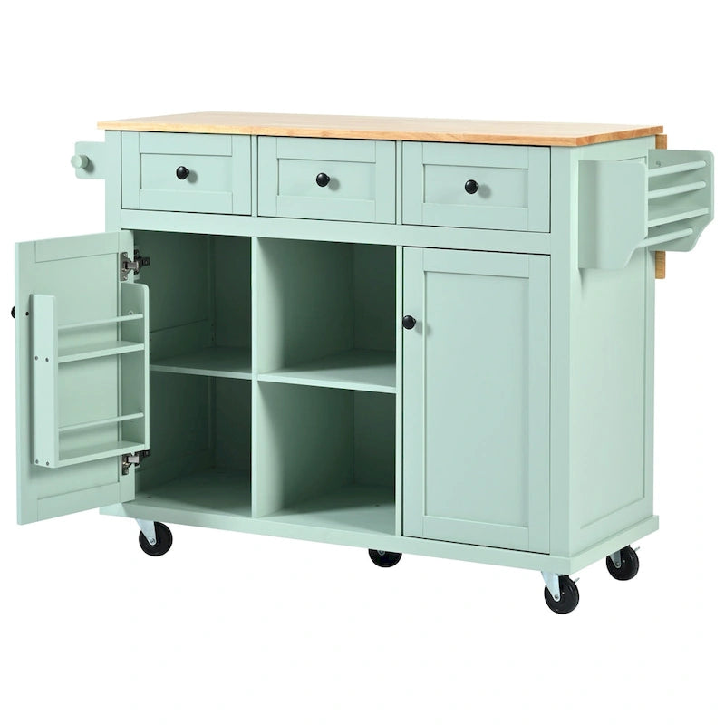 Desserte de cuisine avec plateau rabattable en bois d'hévéa, îlot de cuisine sur 5 roulettes avec armoire de rangement et 3 tiroirs