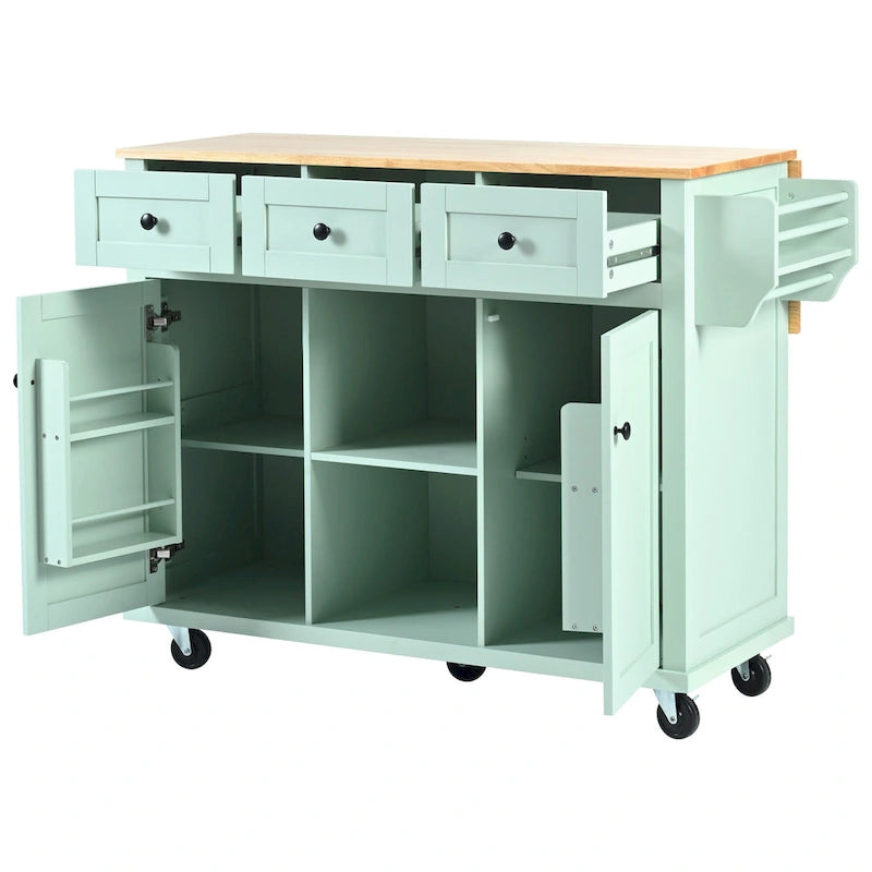 Desserte de cuisine avec plateau rabattable en bois d'hévéa, îlot de cuisine sur 5 roulettes avec armoire de rangement et 3 tiroirs