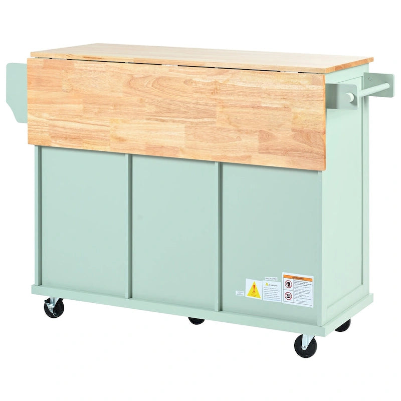 Desserte de cuisine avec plateau rabattable en bois d'hévéa, îlot de cuisine sur 5 roulettes avec armoire de rangement et 3 tiroirs