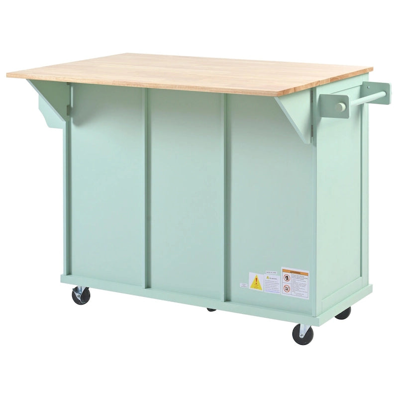 Desserte de cuisine avec plateau rabattable en bois d'hévéa, îlot de cuisine sur 5 roulettes avec armoire de rangement et 3 tiroirs