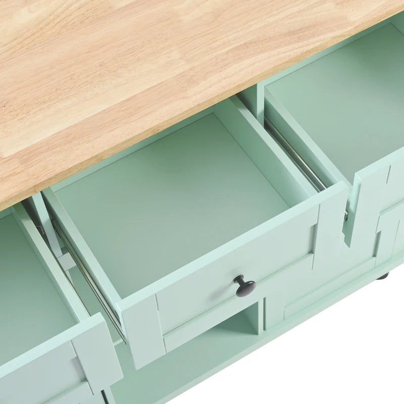 Desserte de cuisine avec plateau rabattable en bois d'hévéa, îlot de cuisine sur 5 roulettes avec armoire de rangement et 3 tiroirs